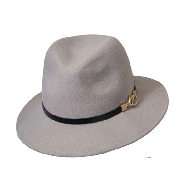 Daesan 100% Wool Felt Fedora Hat Gray with Faux Leather Band & Gold Buckle - Picture 1 of 4